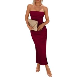 PRETTYGARDEN Women’s Summer Bodycon Maxi Tube Dress Ribbed Strapless Side Slit Long Going Out Casual Elegant Party Dresses(Wine Red)
