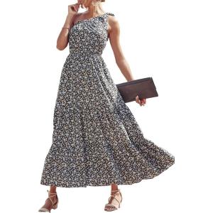 PRETTYGARDEN Women’s Summer Floral One Shoulder Maxi Dress Knot Ruffle Boho Beach Vacation Wedding Guest Long Sun Dresses(Black Blue)