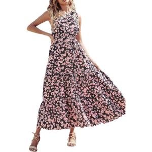 PRETTYGARDEN Women’s Summer Floral One Shoulder Maxi Dress Knot Ruffle Boho Beach Vacation Wedding Guest Long Sun Dresses(Black Pink)
