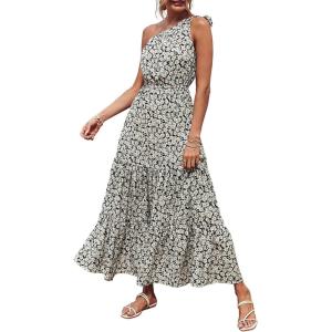 PRETTYGARDEN Women’s Summer Floral One Shoulder Maxi Dress Knot Ruffle Boho Beach Vacation Wedding Guest Long Sun Dresses(Black White)