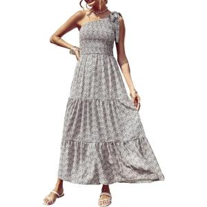 PRETTYGARDEN Women’s Summer Floral One Shoulder Maxi Dress Knot Ruffle Boho Beach Vacation Wedding Guest Long Sun Dresses(Black White Floral)