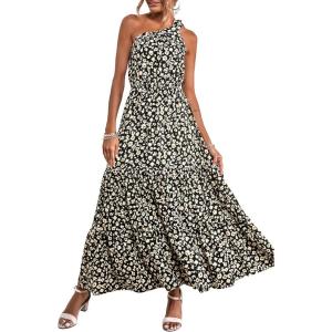 PRETTYGARDEN Women’s Summer Floral One Shoulder Maxi Dress Knot Ruffle Boho Beach Vacation Wedding Guest Long Sun Dresses(Black/White/Yellow)