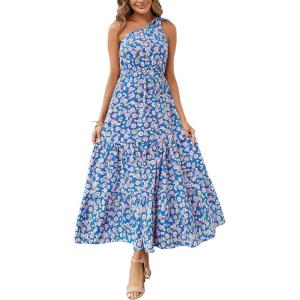PRETTYGARDEN Women’s Summer Floral One Shoulder Maxi Dress Knot Ruffle Boho Beach Vacation Wedding Guest Long Sun Dresses(Blue Floral)