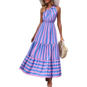 PRETTYGARDEN Women’s Summer Floral One Shoulder Maxi Dress Knot Ruffle Boho Beach Vacation Wedding Guest Long Sun Dresses(Blue Pink Stripe)