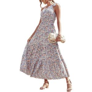 PRETTYGARDEN Women’s Summer Floral One Shoulder Maxi Dress Knot Ruffle Boho Beach Vacation Wedding Guest Long Sun Dresses(Blue White)