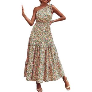 PRETTYGARDEN Women’s Summer Floral One Shoulder Maxi Dress Knot Ruffle Boho Beach Vacation Wedding Guest Long Sun Dresses(Blue/Pink)