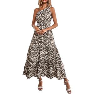PRETTYGARDEN Women’s Summer Floral One Shoulder Maxi Dress Knot Ruffle Boho Beach Vacation Wedding Guest Long Sun Dresses(Coffee)