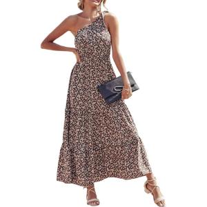 PRETTYGARDEN Women’s Summer Floral One Shoulder Maxi Dress Knot Ruffle Boho Beach Vacation Wedding Guest Long Sun Dresses(Coffee Pink)
