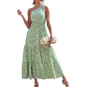 PRETTYGARDEN Women’s Summer Floral One Shoulder Maxi Dress Knot Ruffle Boho Beach Vacation Wedding Guest Long Sun Dresses(Green White)