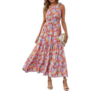PRETTYGARDEN Women’s Summer Floral One Shoulder Maxi Dress Knot Ruffle Boho Beach Vacation Wedding Guest Long Sun Dresses(Orange Floral)