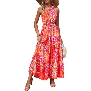 PRETTYGARDEN Women’s Summer Floral One Shoulder Maxi Dress Knot Ruffle Boho Beach Vacation Wedding Guest Long Sun Dresses(Orange Rose Red Big Floral)