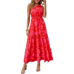 PRETTYGARDEN Women’s Summer Floral One Shoulder Maxi Dress Knot Ruffle Boho Beach Vacation Wedding Guest Long Sun Dresses(Red Floral)
