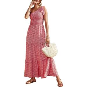 PRETTYGARDEN Women’s Summer Floral One Shoulder Maxi Dress Knot Ruffle Boho Beach Vacation Wedding Guest Long Sun Dresses(Red/White)