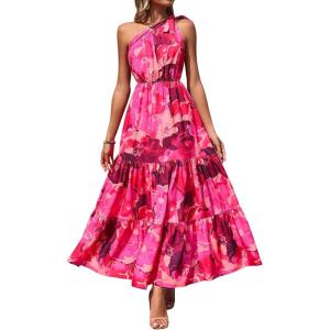 PRETTYGARDEN Women’s Summer Floral One Shoulder Maxi Dress Knot Ruffle Boho Beach Vacation Wedding Guest Long Sun Dresses(Rose Red Big Floral)