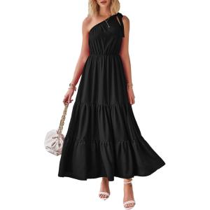 PRETTYGARDEN Women’s Summer Floral One Shoulder Maxi Dress Knot Ruffle Boho Beach Vacation Wedding Guest Long Sun Dresses(Solid Black)