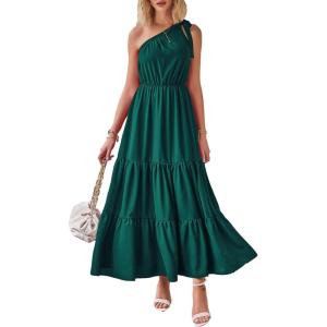 PRETTYGARDEN Women’s Summer Floral One Shoulder Maxi Dress Knot Ruffle Boho Beach Vacation Wedding Guest Long Sun Dresses(Solid Dark Green)