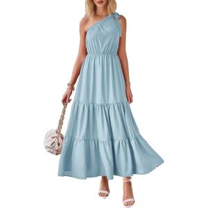 PRETTYGARDEN Women’s Summer Floral One Shoulder Maxi Dress Knot Ruffle Boho Beach Vacation Wedding Guest Long Sun Dresses(Solid Light Blue)