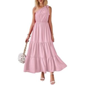 PRETTYGARDEN Women’s Summer Floral One Shoulder Maxi Dress Knot Ruffle Boho Beach Vacation Wedding Guest Long Sun Dresses(Solid Pink)