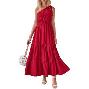 PRETTYGARDEN Women’s Summer Floral One Shoulder Maxi Dress Knot Ruffle Boho Beach Vacation Wedding Guest Long Sun Dresses(Solid Red)