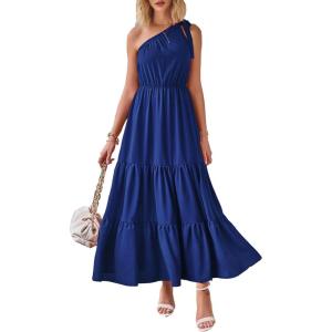PRETTYGARDEN Women’s Summer Floral One Shoulder Maxi Dress Knot Ruffle Boho Beach Vacation Wedding Guest Long Sun Dresses(Solid Royal Blue)