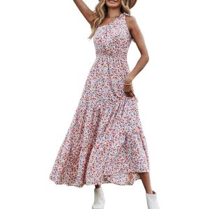 PRETTYGARDEN Women’s Summer Floral One Shoulder Maxi Dress Knot Ruffle Boho Beach Vacation Wedding Guest Long Sun Dresses(White Red)