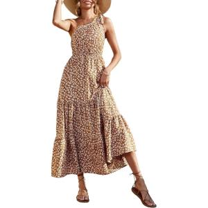 PRETTYGARDEN Women’s Summer Floral One Shoulder Maxi Dress Knot Ruffle Boho Beach Vacation Wedding Guest Long Sun Dresses(Yellow White)