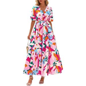 PRETTYGARDEN Women’s Summer Maxi Dress 2025 Resort Wear Boho Floral V Neck Puff Short Sleeve Ruffle Flowy Beach Long Dresses(Apricot Rose Red Flower)
