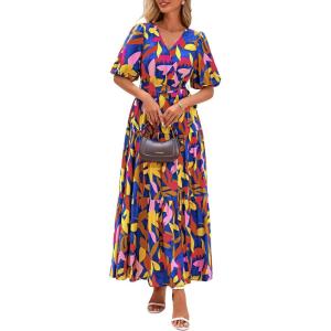 PRETTYGARDEN Women’s Summer Maxi Dress 2025 Resort Wear Boho Floral V Neck Puff Short Sleeve Ruffle Flowy Beach Long Dresses(Dark Blue Multi Floral)
