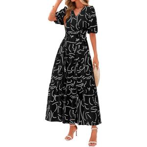 PRETTYGARDEN Women’s Summer Maxi Dress 2025 Resort Wear Boho Floral V Neck Puff Short Sleeve Ruffle Flowy Beach Long Dresses(Floral Black)