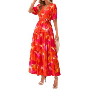PRETTYGARDEN Women’s Summer Maxi Dress 2025 Resort Wear Boho Floral V Neck Puff Short Sleeve Ruffle Flowy Beach Long Dresses(Floral Orange)