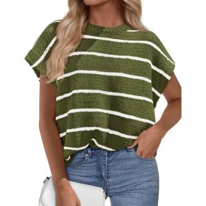PRETTYGARDEN Womens Summer Short Sleeve Tops 2026 Trendy Crew Neck Striped Knit Sweater Business Casual Spring Clothes(Striped Army Green White)