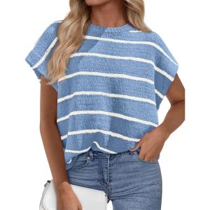 PRETTYGARDEN Womens Summer Short Sleeve Tops 2026 Trendy Crew Neck Striped Knit Sweater Business Casual Spring Clothes(Striped Blue White)