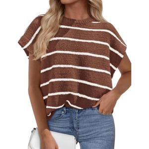PRETTYGARDEN Womens Summer Short Sleeve Tops 2026 Trendy Crew Neck Striped Knit Sweater Business Casual Spring Clothes(Striped Brown White)