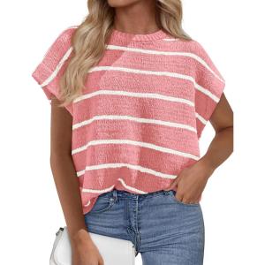 PRETTYGARDEN Womens Summer Short Sleeve Tops 2026 Trendy Crew Neck Striped Knit Sweater Business Casual Spring Clothes(Striped Pink White)