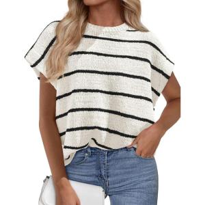 PRETTYGARDEN Womens Summer Short Sleeve Tops 2026 Trendy Crew Neck Striped Knit Sweater Business Casual Spring Clothes(Striped White Black)