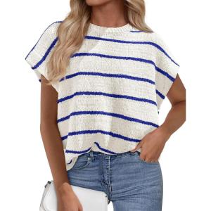 PRETTYGARDEN Womens Summer Short Sleeve Tops 2026 Trendy Crew Neck Striped Knit Sweater Business Casual Spring Clothes(Striped White Blue)