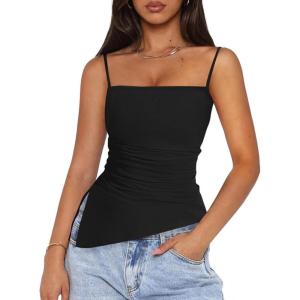 PRETTYGARDEN Women’s Summer Spaghetti Strap Tank Tops Sleeveless Camisole Blouses Asymmetrical Going Out Basic Tank Shirt(Black)