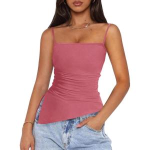 PRETTYGARDEN Women’s Summer Spaghetti Strap Tank Tops Sleeveless Camisole Blouses Asymmetrical Going Out Basic Tank Shirt(Dark Pink)