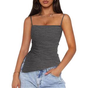 PRETTYGARDEN Women’s Summer Spaghetti Strap Tank Tops Sleeveless Camisole Blouses Asymmetrical Going Out Basic Tank Shirt(Grey)