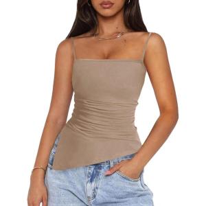 PRETTYGARDEN Women’s Summer Spaghetti Strap Tank Tops Sleeveless Camisole Blouses Asymmetrical Going Out Basic Tank Shirt(Khaki)