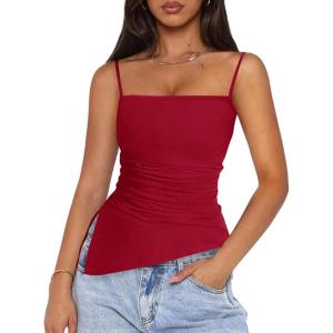 PRETTYGARDEN Women’s Summer Spaghetti Strap Tank Tops Sleeveless Camisole Blouses Asymmetrical Going Out Basic Tank Shirt(Red)