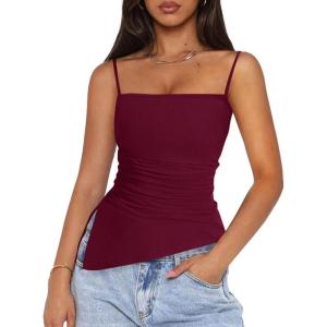 PRETTYGARDEN Women’s Summer Spaghetti Strap Tank Tops Sleeveless Camisole Blouses Asymmetrical Going Out Basic Tank Shirt(Wine Red)