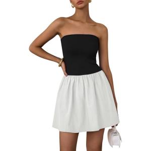 PRETTYGARDEN Women’s Summer Strapless Mini Party Dress 2025 Casual Tube Top Ruffle A Line Short Patchwork Sundresses(Black White)