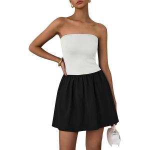 PRETTYGARDEN Women’s Summer Strapless Mini Party Dress 2025 Casual Tube Top Ruffle A Line Short Patchwork Sundresses(White Black)