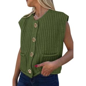 PRETTYGARDEN Women’s Summer Sweaters Vest 2025 Sleeveless Button Down Cropped Pockets Chunky Knit Cardigan Trendy Tank Tops(Army Green)