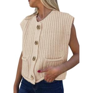 PRETTYGARDEN Women’s Summer Sweaters Vest 2025 Sleeveless Button Down Cropped Pockets Chunky Knit Cardigan Trendy Tank Tops(Beige)