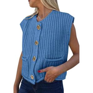 PRETTYGARDEN Women’s Summer Sweaters Vest 2025 Sleeveless Button Down Cropped Pockets Chunky Knit Cardigan Trendy Tank Tops(Blue)