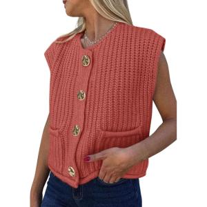 PRETTYGARDEN Women’s Summer Sweaters Vest 2025 Sleeveless Button Down Cropped Pockets Chunky Knit Cardigan Trendy Tank Tops(Brick Red)