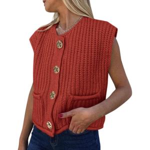 PRETTYGARDEN Women’s Summer Sweaters Vest 2025 Sleeveless Button Down Cropped Pockets Chunky Knit Cardigan Trendy Tank Tops(Caramel)
