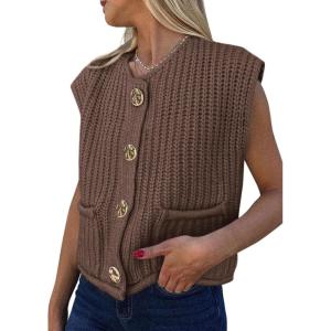 PRETTYGARDEN Women’s Summer Sweaters Vest 2025 Sleeveless Button Down Cropped Pockets Chunky Knit Cardigan Trendy Tank Tops(Coffee)